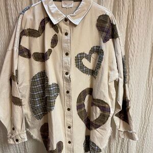 Oli & Hali Cream Button-Down Shirt with Plaid Heart Patches